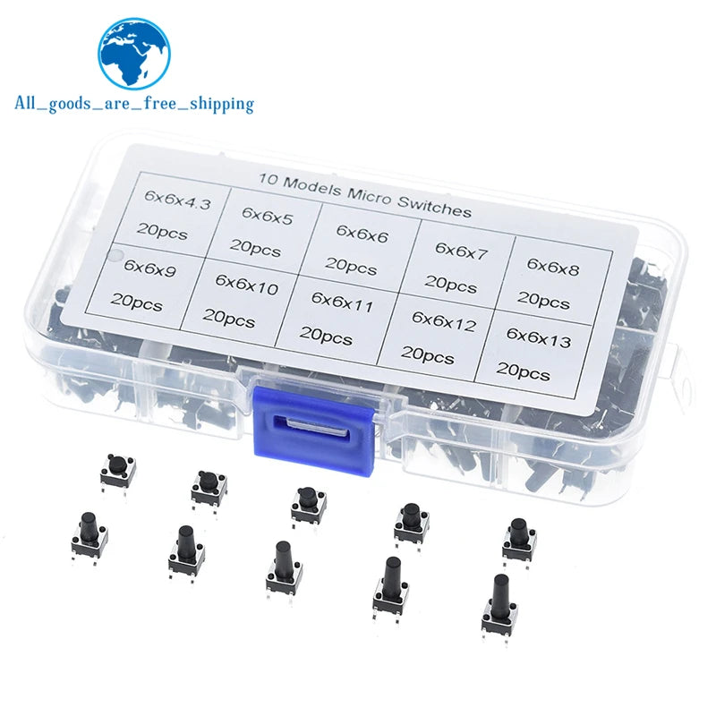 TZT 10 models 100/200pcs 6*6 Tact  Tactile Push Button Switch Kit, Height: 4.3MM~13MM DIP 4P micro switch 6x6 Key switch