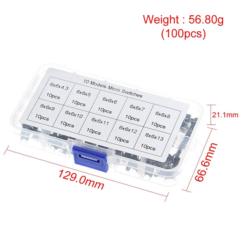 TZT 10 models 100/200pcs 6*6 Tact  Tactile Push Button Switch Kit, Height: 4.3MM~13MM DIP 4P micro switch 6x6 Key switch