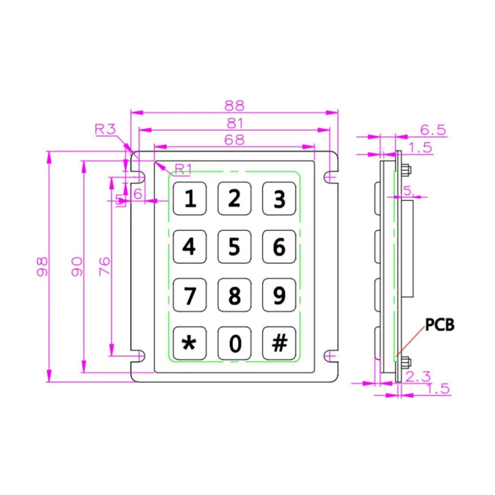 IP66 Waterproof 12-Key Stainless Steel Metal Numeric Keypad CE ROHS FCC Certification >2M Key Switch Life for Outdoor Access
