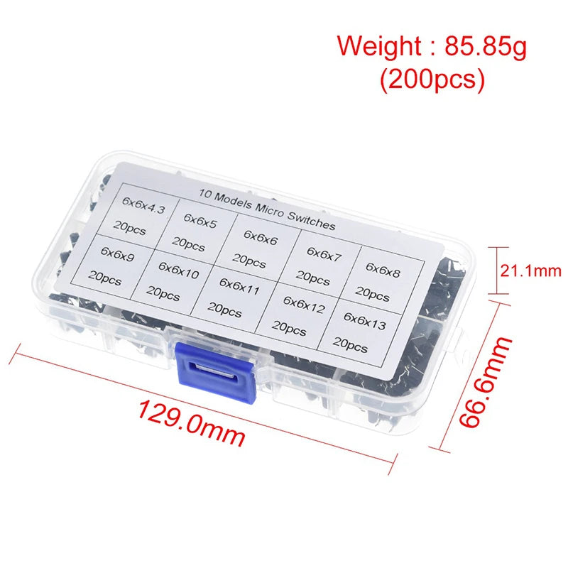 TZT 10 models 100/200pcs 6*6 Tact  Tactile Push Button Switch Kit, Height: 4.3MM~13MM DIP 4P micro switch 6x6 Key switch