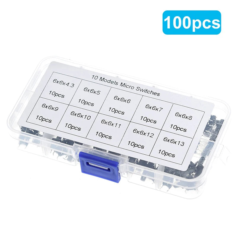 TZT 10 models 100/200pcs 6*6 Tact  Tactile Push Button Switch Kit, Height: 4.3MM~13MM DIP 4P micro switch 6x6 Key switch