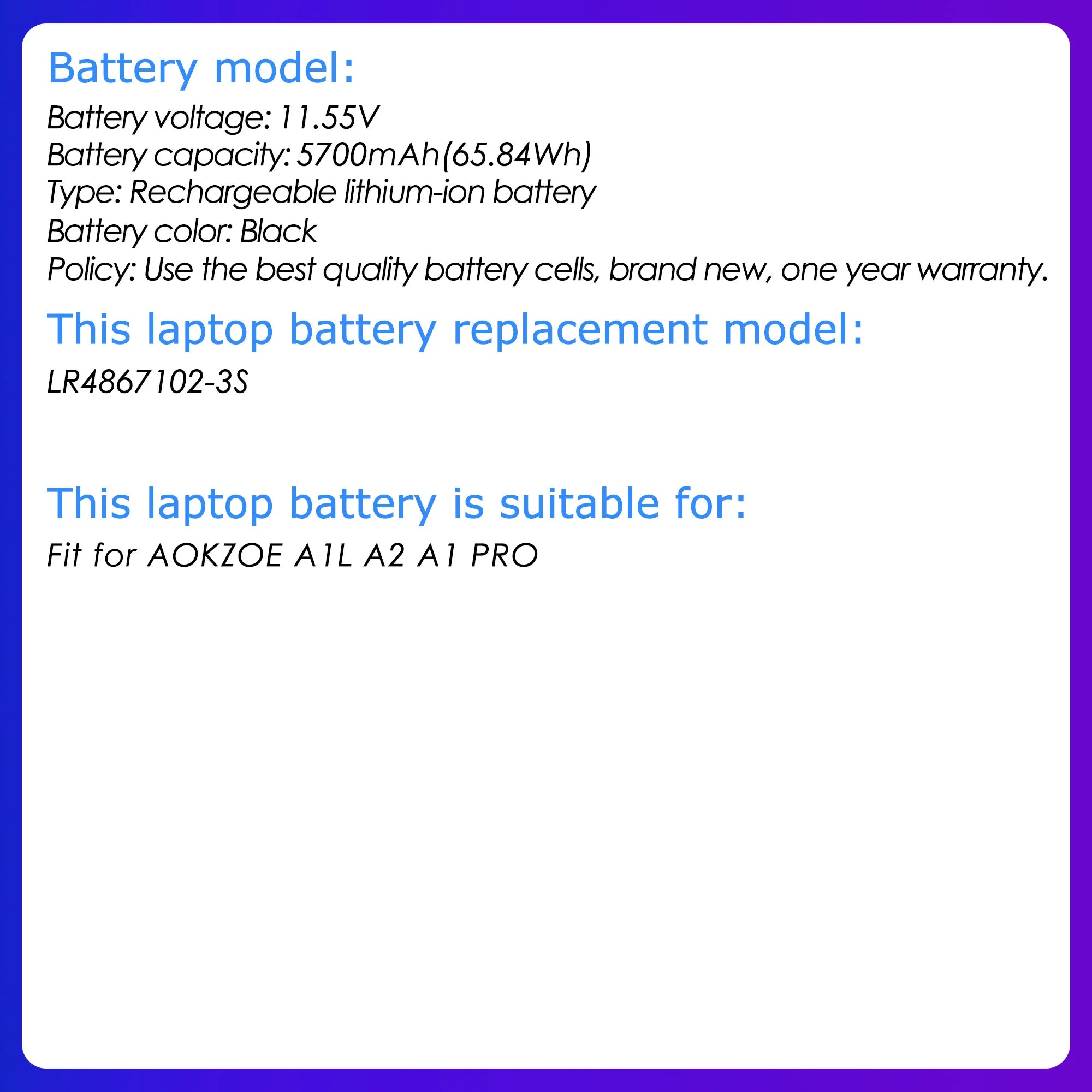 LR4867102-3S 6667mAh 78Wh LR4867102-3S New Replacement Laptop Battery For AOKZOE A1L A2 A1 PRO