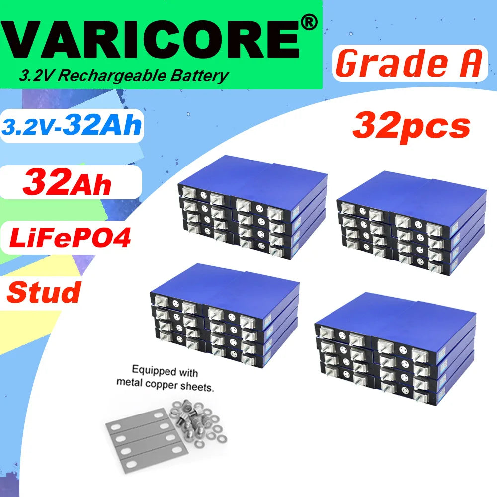 VariCore 3.2V 32Ah LiFePO4 Battery Pack phosphate 32000mAh for 12V 24V 36V 48V Golf Cart Motorcycle Car Motor Modification Stud