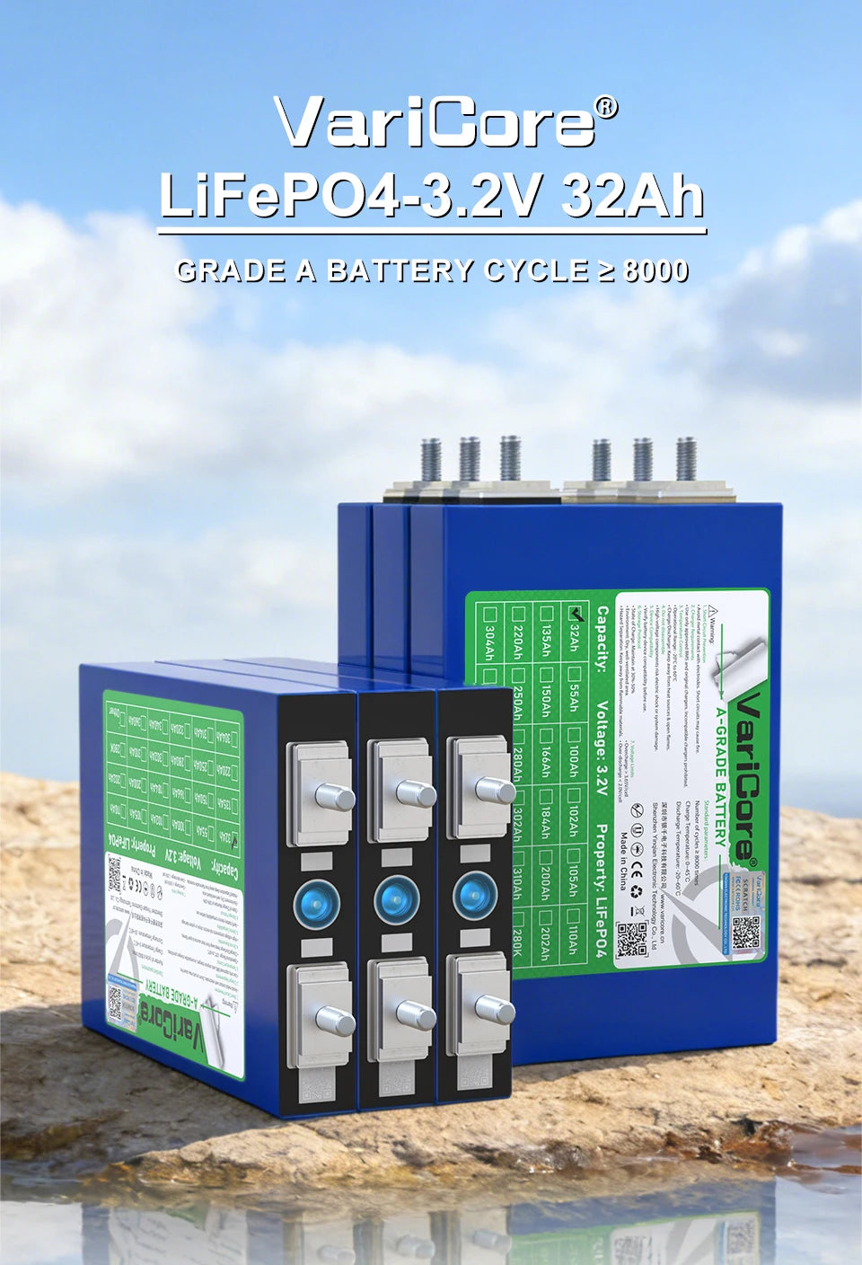 VariCore 3.2V 32Ah LiFePO4 Battery Pack phosphate 32000mAh for 12V 24V 36V 48V Golf Cart Motorcycle Car Motor Modification Stud