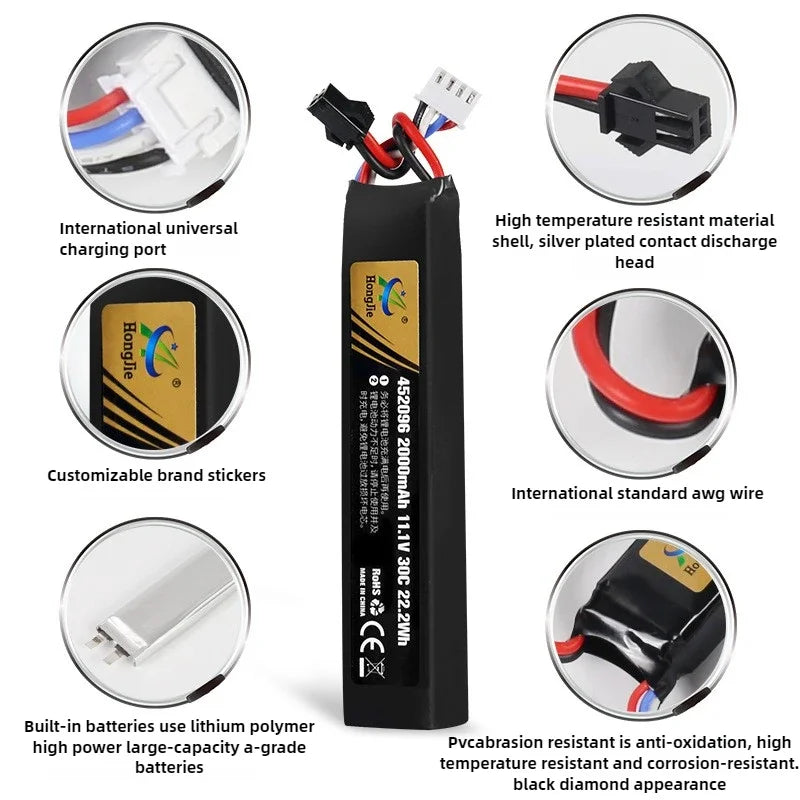 1PCS 11.1V 2000mAh Polymer Lithium Battery 3S 30C 452096 Batteria for Water Gun Airsoft BB Air Pistol Electric Toys Guns Parts