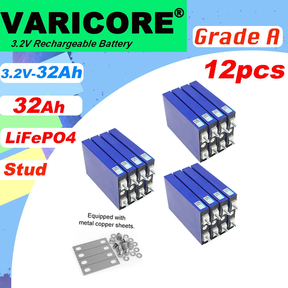 VariCore 3.2V 32Ah LiFePO4 Battery Pack phosphate 32000mAh for 12V 24V 36V 48V Golf Cart Motorcycle Car Motor Modification Stud