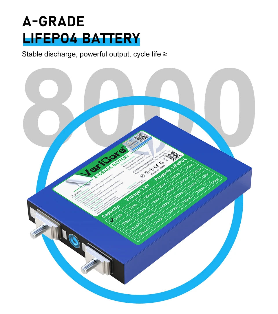 VariCore 3.2V 32Ah LiFePO4 Battery Pack phosphate 32000mAh for 12V 24V 36V 48V Golf Cart Motorcycle Car Motor Modification Stud