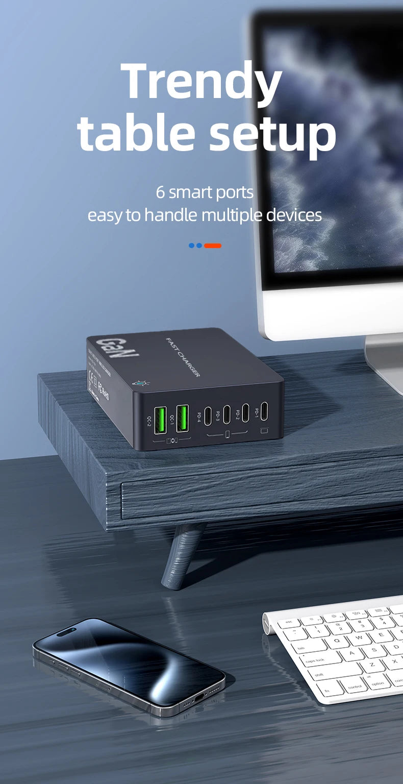 AU/BR/EU/KR/US/UK Plug Multi Port Socket Adapter 6 Port GaN Charger USB C For Smartphone Tablet Laptop 100W PPS Quick Charging