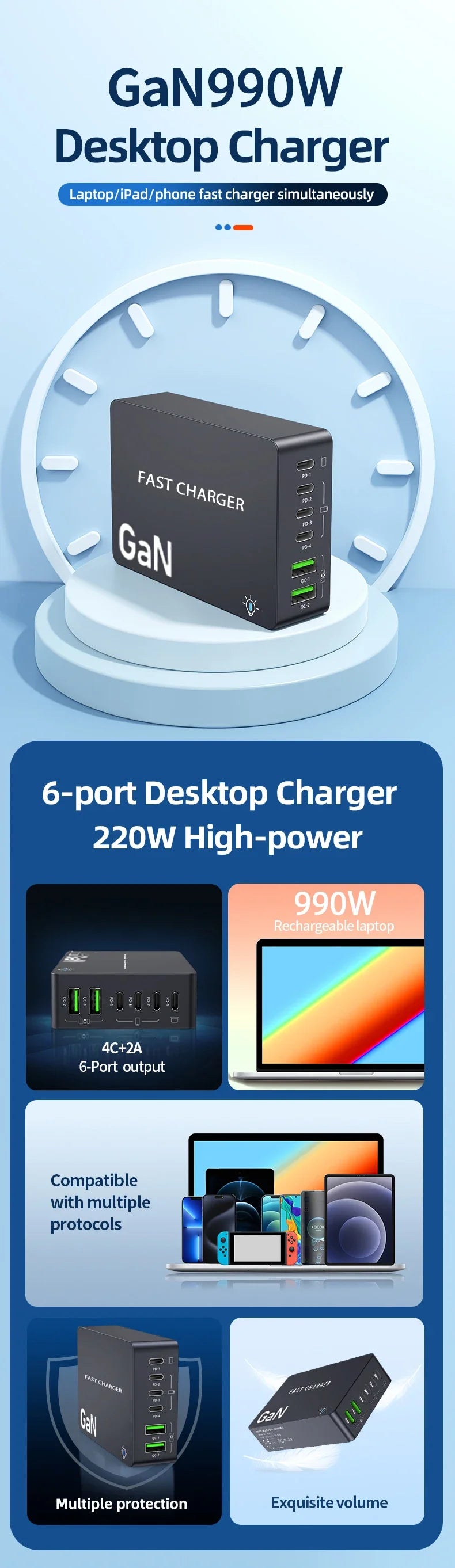AU/BR/EU/KR/US/UK Plug Multi Port Socket Adapter 6 Port GaN Charger USB C For Smartphone Tablet Laptop 100W PPS Quick Charging