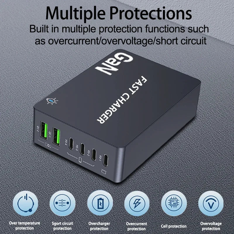 AU/BR/EU/KR/US/UK Plug Multi Port Socket Adapter 6 Port GaN Charger USB C For Smartphone Tablet Laptop 100W PPS Quick Charging