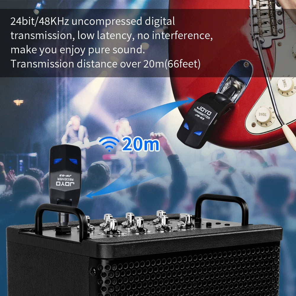 JOYO JW-03 Wireless Guitar System 2.4GHz Low Latency 20M Range Wireless Transmitter Receiver for Electric Guitar Bass Amplifier