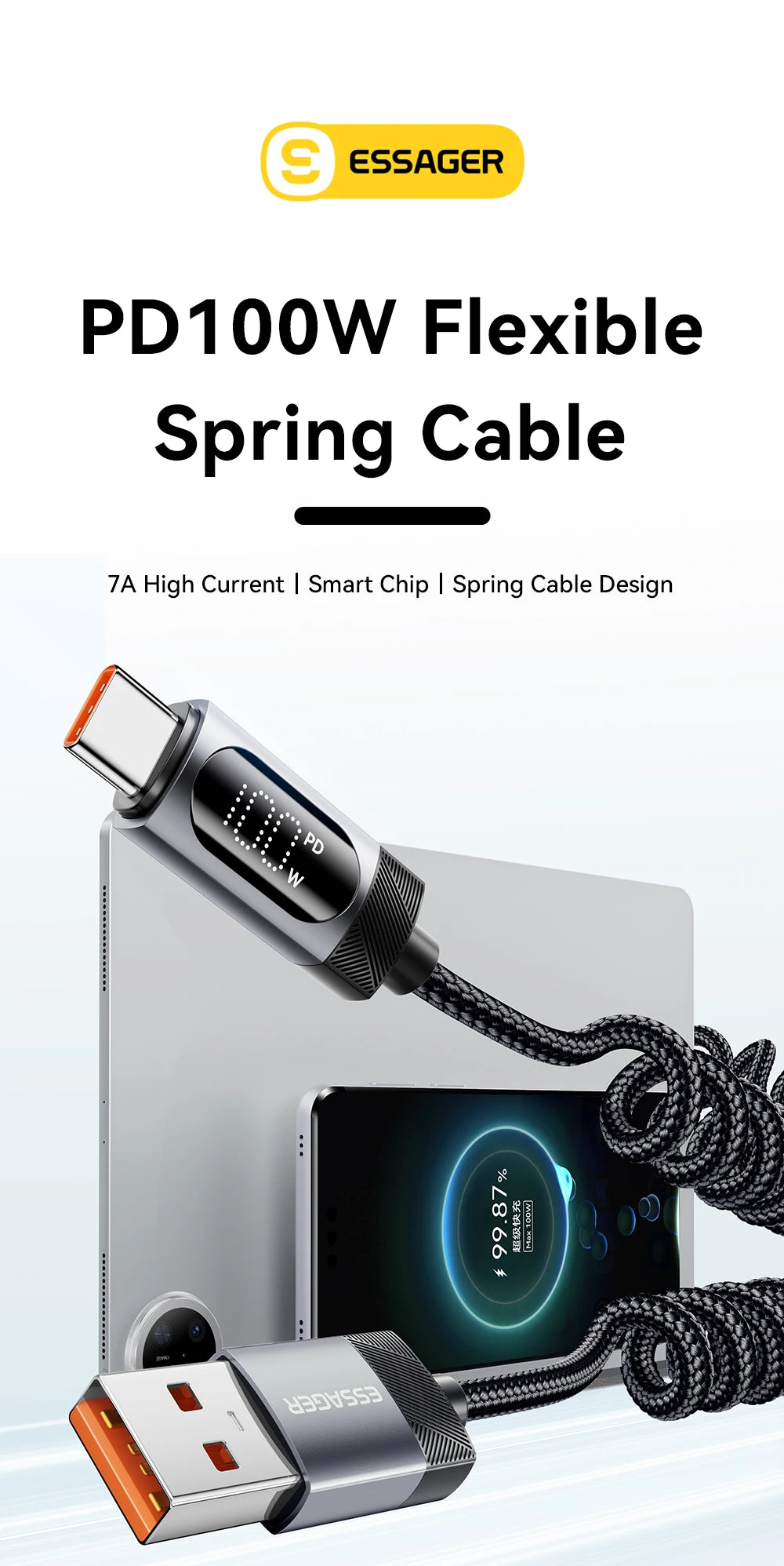 Essager Digital Dispaly USB C Cable For iPhone 17 16 15 Xiaomi Huawei 100W PD Fast Charging For Macbook iPad Type C to C Cable