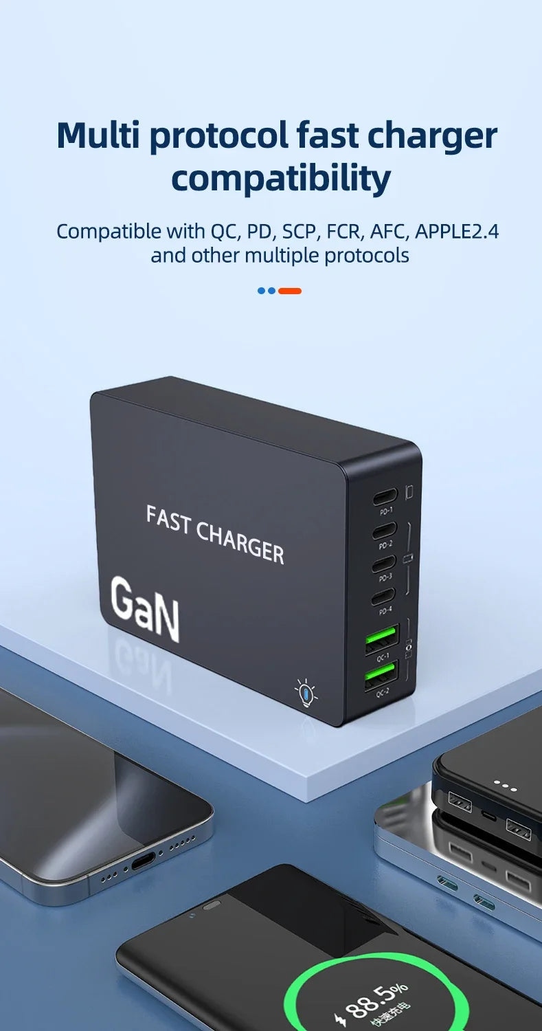 AU/BR/EU/KR/US/UK Plug Multi Port Socket Adapter 6 Port GaN Charger USB C For Smartphone Tablet Laptop 100W PPS Quick Charging
