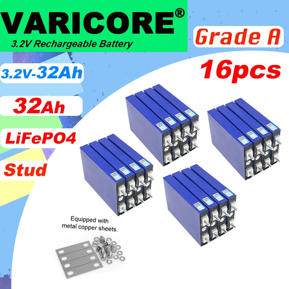 VariCore 3.2V 32Ah LiFePO4 Battery Pack phosphate 32000mAh for 12V 24V 36V 48V Golf Cart Motorcycle Car Motor Modification Stud