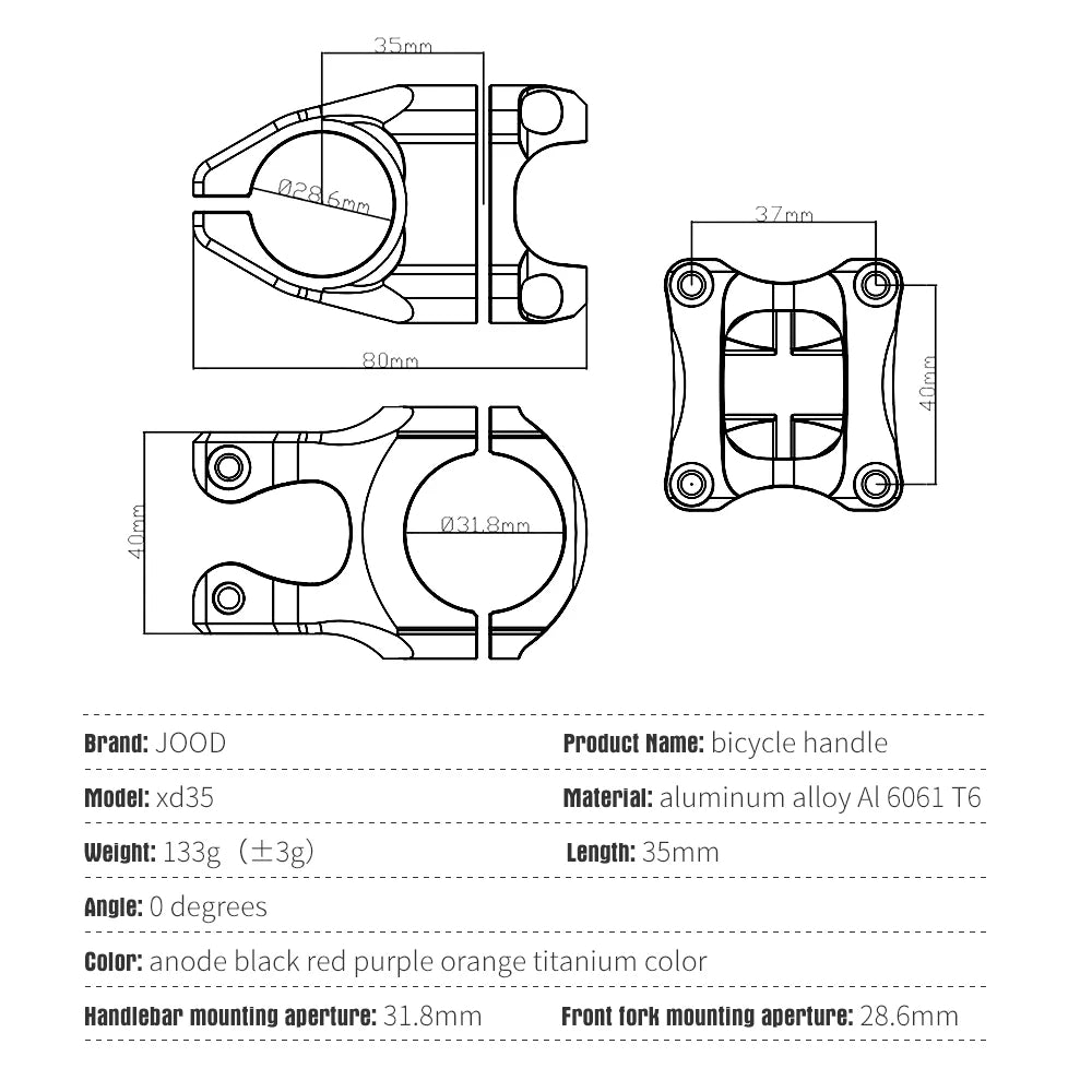 JOOD New CNC Bicycle 35mm Short Stem XT MTB bike stem Bicycle Accessories 31.8mm Stem Riser 28.6 mm Pipe Cycling