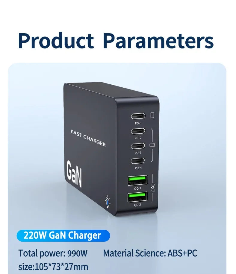 AU/BR/EU/KR/US/UK Plug Multi Port Socket Adapter 6 Port GaN Charger USB C For Smartphone Tablet Laptop 100W PPS Quick Charging