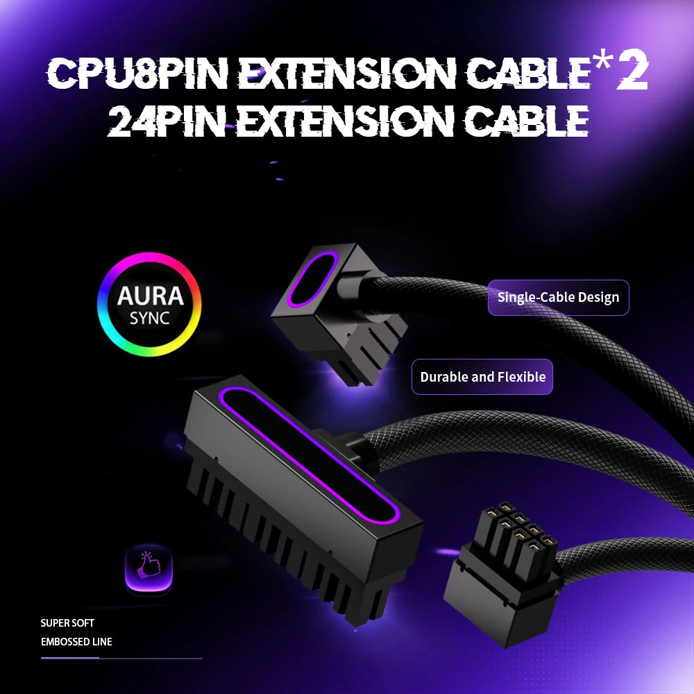 AIJS PC Cable Set, 1pc 24pin 2pcs CPU8pin Extension Cable,18AWG 90° Right-Angle Design, ARGB 5V 3Pin Male-to-Female 30cm
