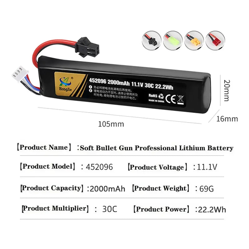 1PCS 11.1V 2000mAh Polymer Lithium Battery 3S 30C 452096 Batteria for Water Gun Airsoft BB Air Pistol Electric Toys Guns Parts