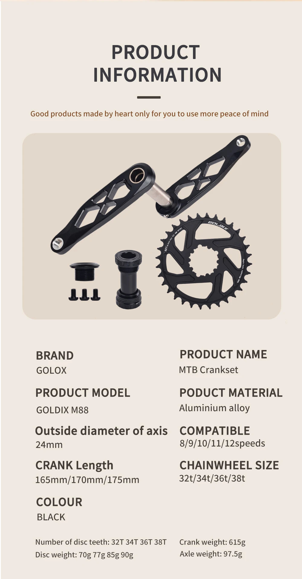 GOLDIX Mountain Bicycle BSA 24mm Crankset 165 170 175mm R-SPEC Trail Hollow Bike Crank Spindle DH AM XC for Shimano SRAM