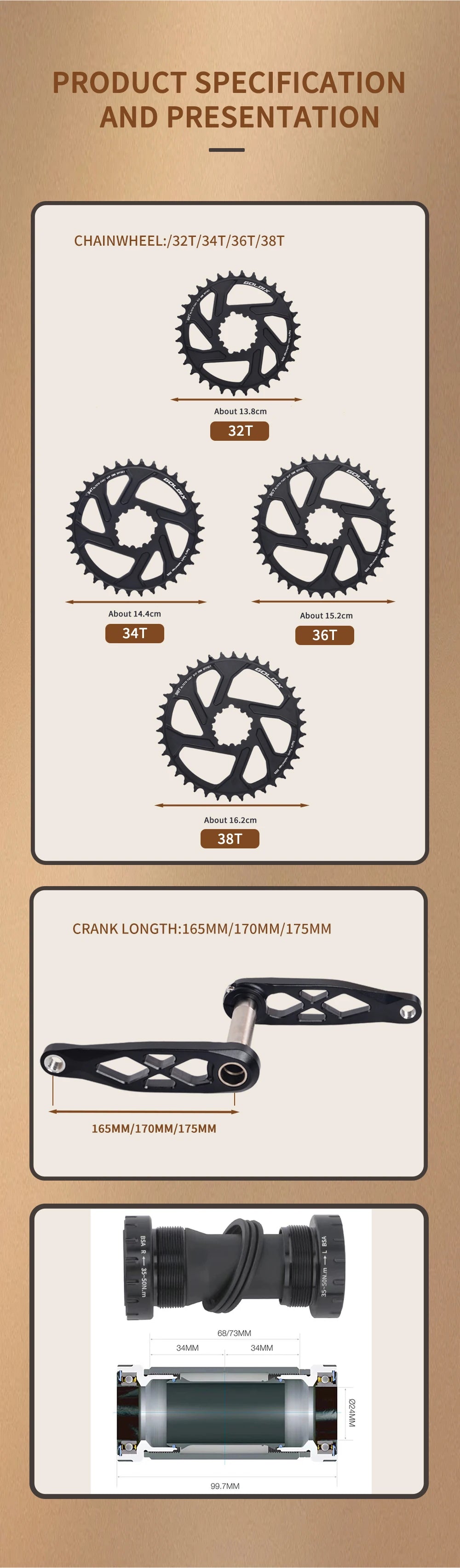 GOLDIX Mountain Bicycle BSA 24mm Crankset 165 170 175mm R-SPEC Trail Hollow Bike Crank Spindle DH AM XC for Shimano SRAM