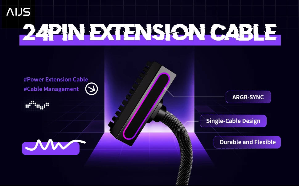 AIJS PC Cable Set, 1pc 24pin 2pcs CPU8pin Extension Cable,18AWG 90° Right-Angle Design, ARGB 5V 3Pin Male-to-Female 30cm